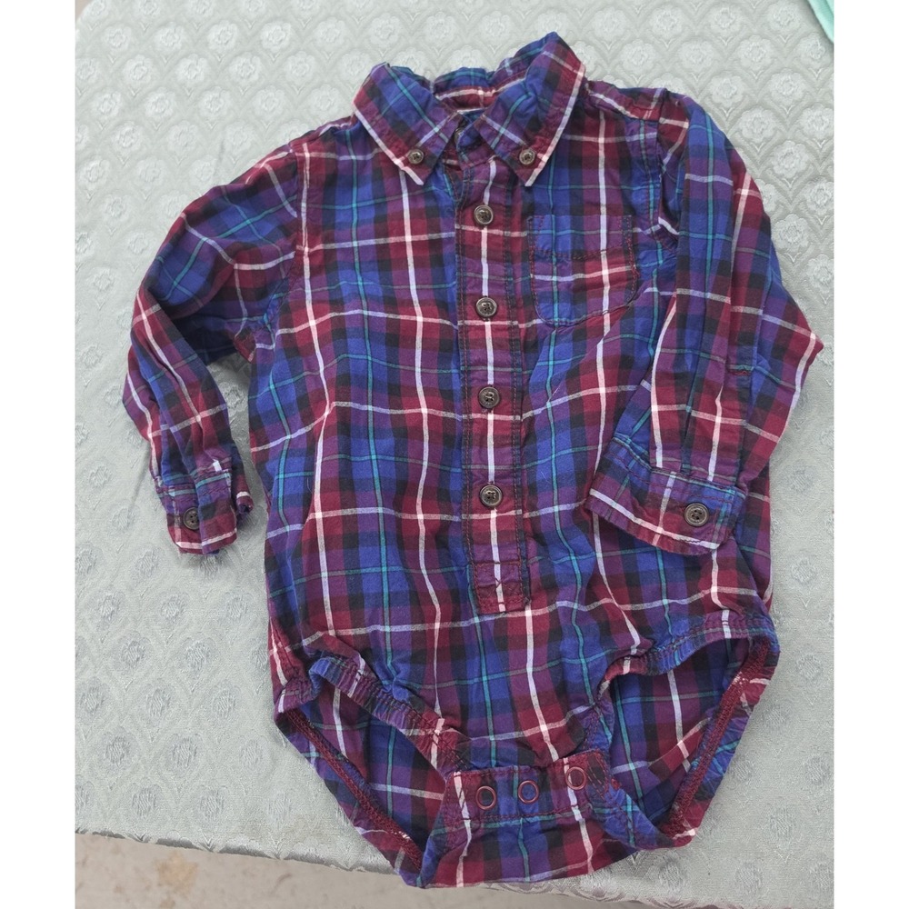 OshKosh Bgosh‎ Baby Boy 18M Plaid Flannel Long Sleeve Shirt Bodysuit Purple Blue